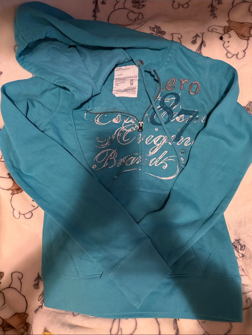 Aeropostale Teal Pullover 1/2 Zip Hoodie with Silver Script